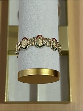 Gold Religious Medal Bracelet with Red & Green Crystal Accents
